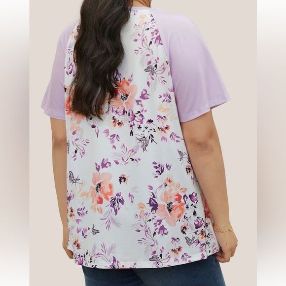 Bloomchic Plus Size 2XL Floral & Butterfly Print Raglan Sleeve T-Shirt - Lilac - Picture 2 of 5